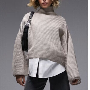 Topshop Boxy Knit High Neck Drop Shoulder Sweater Wool Blend Oat New Womens 12 L